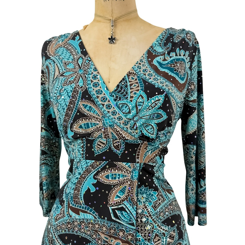 90s Retro Sequin Teal Paisley Wrap Top Asymmetrical Hem 80s Glamoratti Size M - Picture 7 of 8